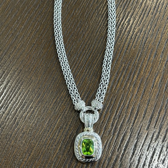 David Yurman Silver & 14k gold Double Wheat Chain Diamond Peridot Necklace - Picture 3 of 7